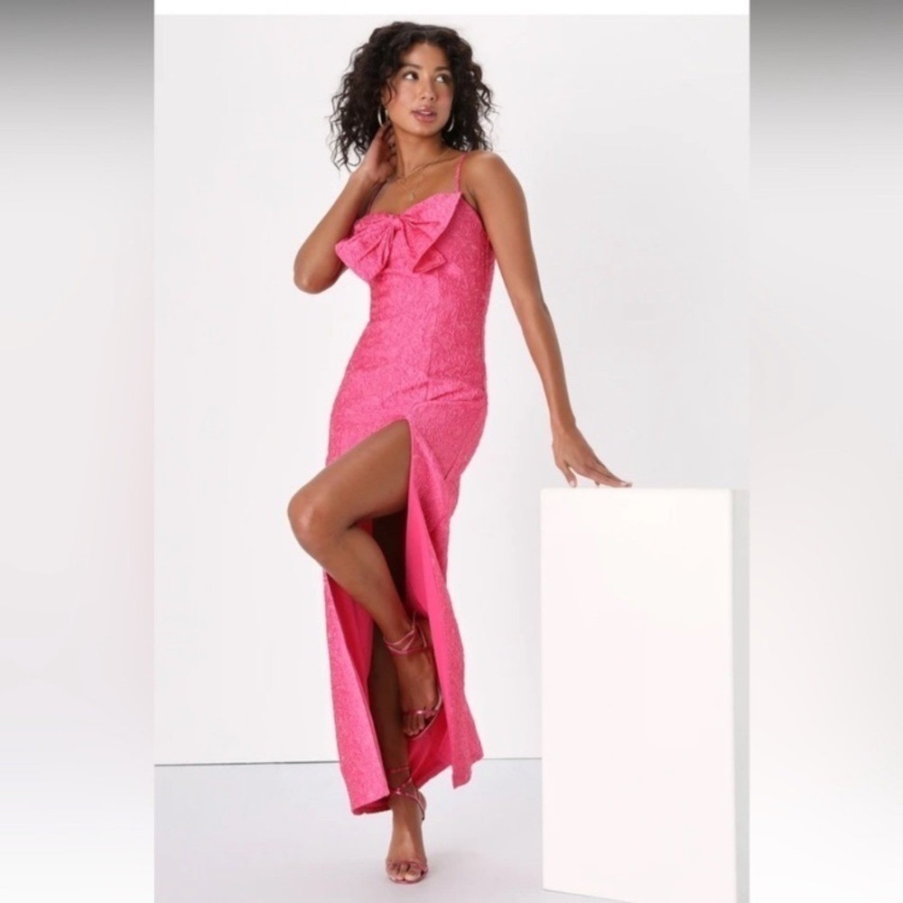 Lulu's Cute romantic pink jacquard bow sleeveless‎ maxi dress size S NWT prom